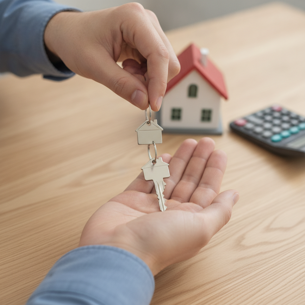 Close-up of hands exchanging a house key, symbolizing Ontario residential negotiation support and successful offer acceptance