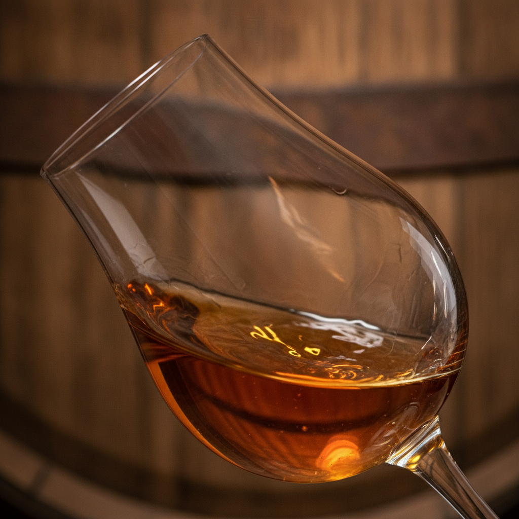 Macro shot of single malt Scotch whisky swirling in a Glencairn glass, showing legs and amber color for tasting