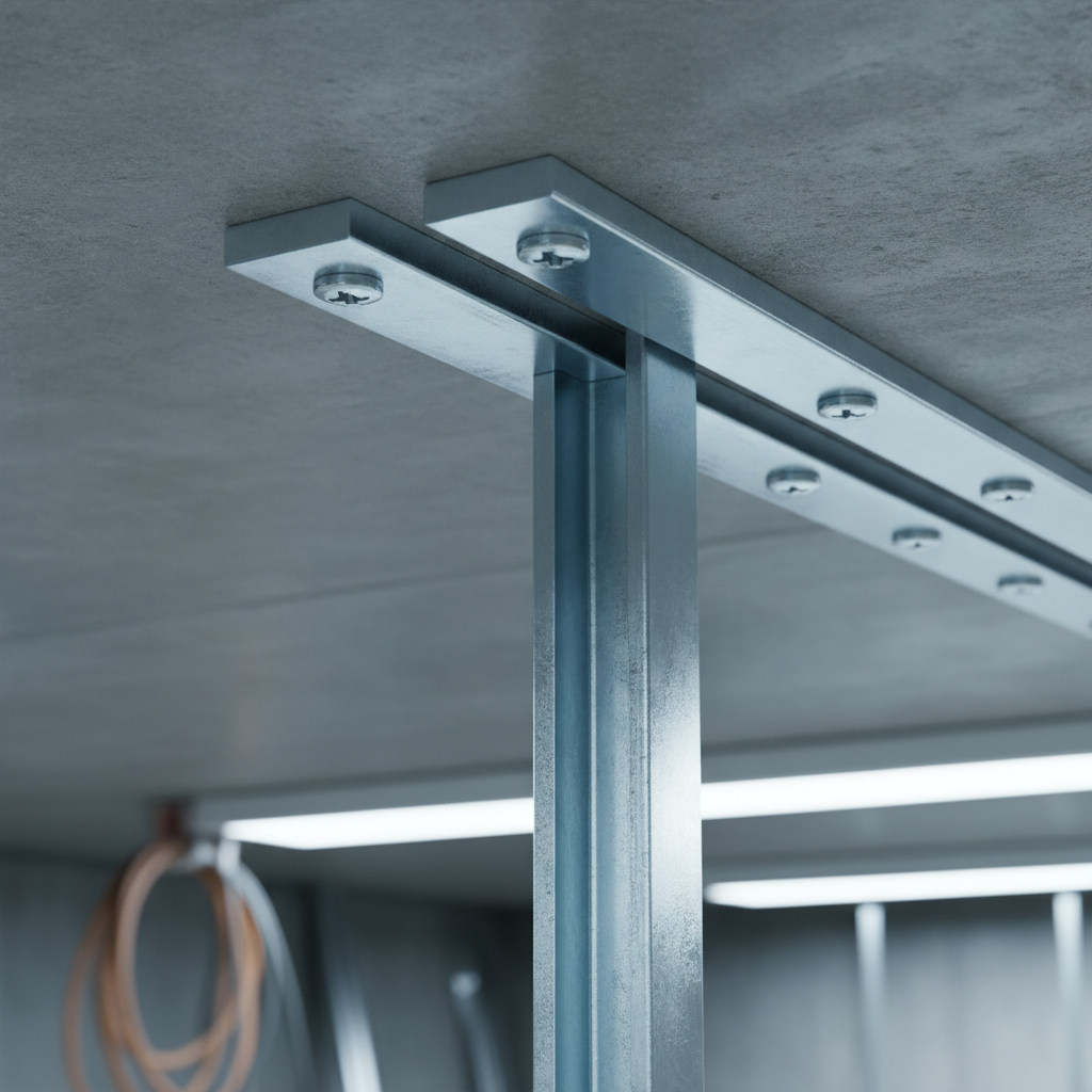 Close-up of slotted deflection track for interior framing at a concrete slab, showing steel stud below slot and proper fastener spacing