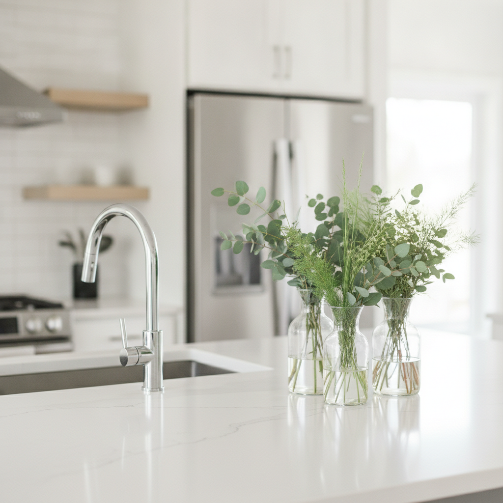 Close-up of a staged kitchen island used in featured real estate listings to attract North York buyers with premium photography