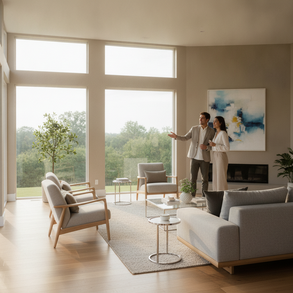 Agent guiding buyers through a bright North York living room, illustrating qualified traffic from featured listings
