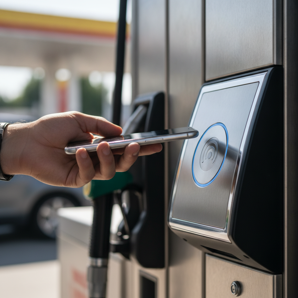 Close-up of Apple Pay tap at a gas pump NFC reader for contactless fueling