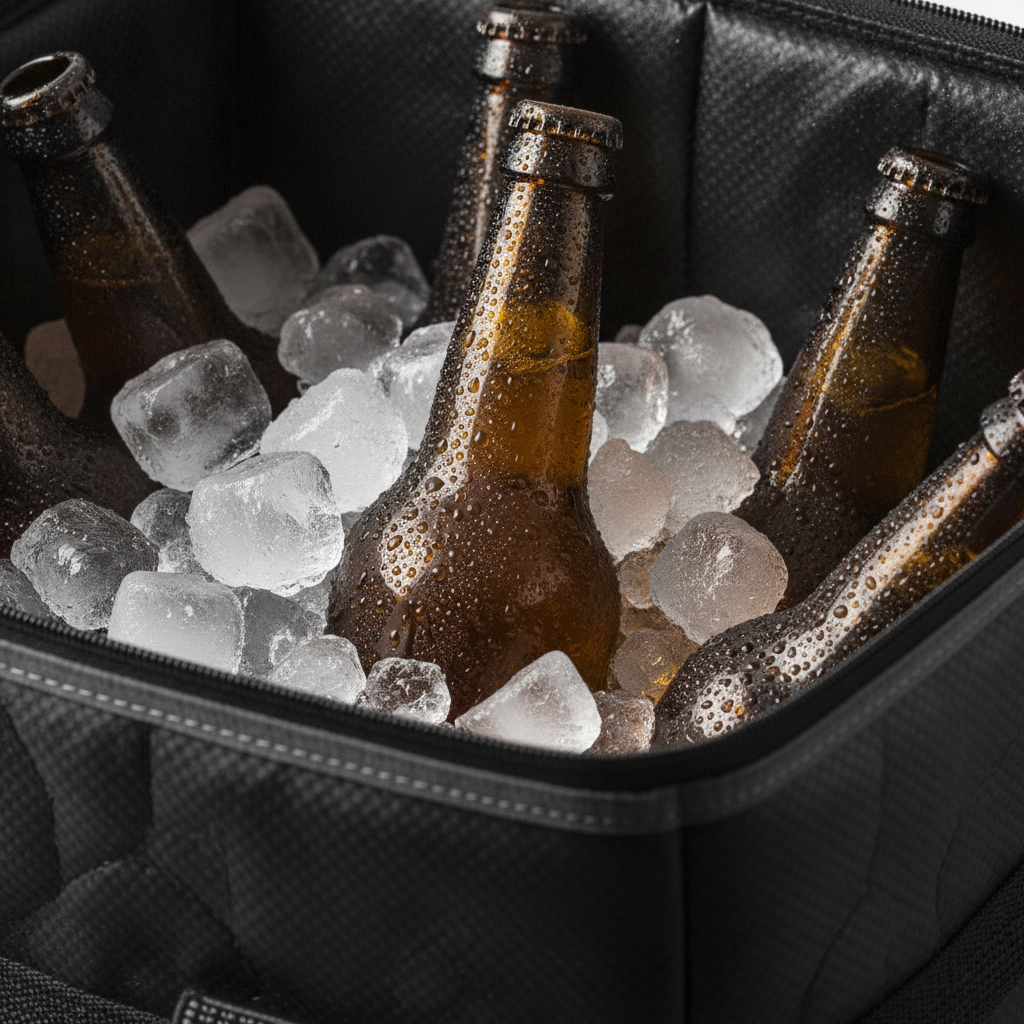 Close-up of condensation-covered beer bottles in ice inside an insulated delivery bag for Calgary beer delivery apps