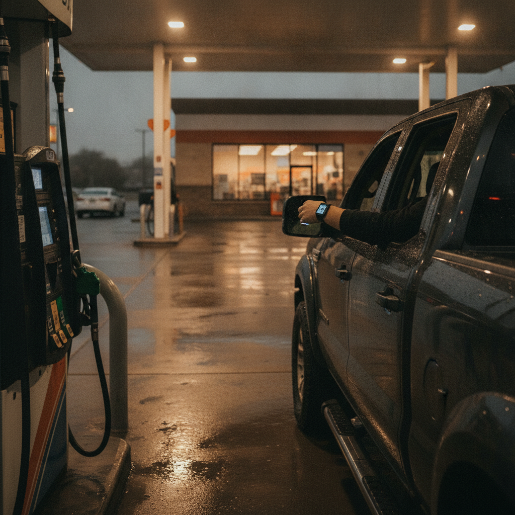 Driver paying with smartwatch at diesel pump; contactless gas station scene at dusk