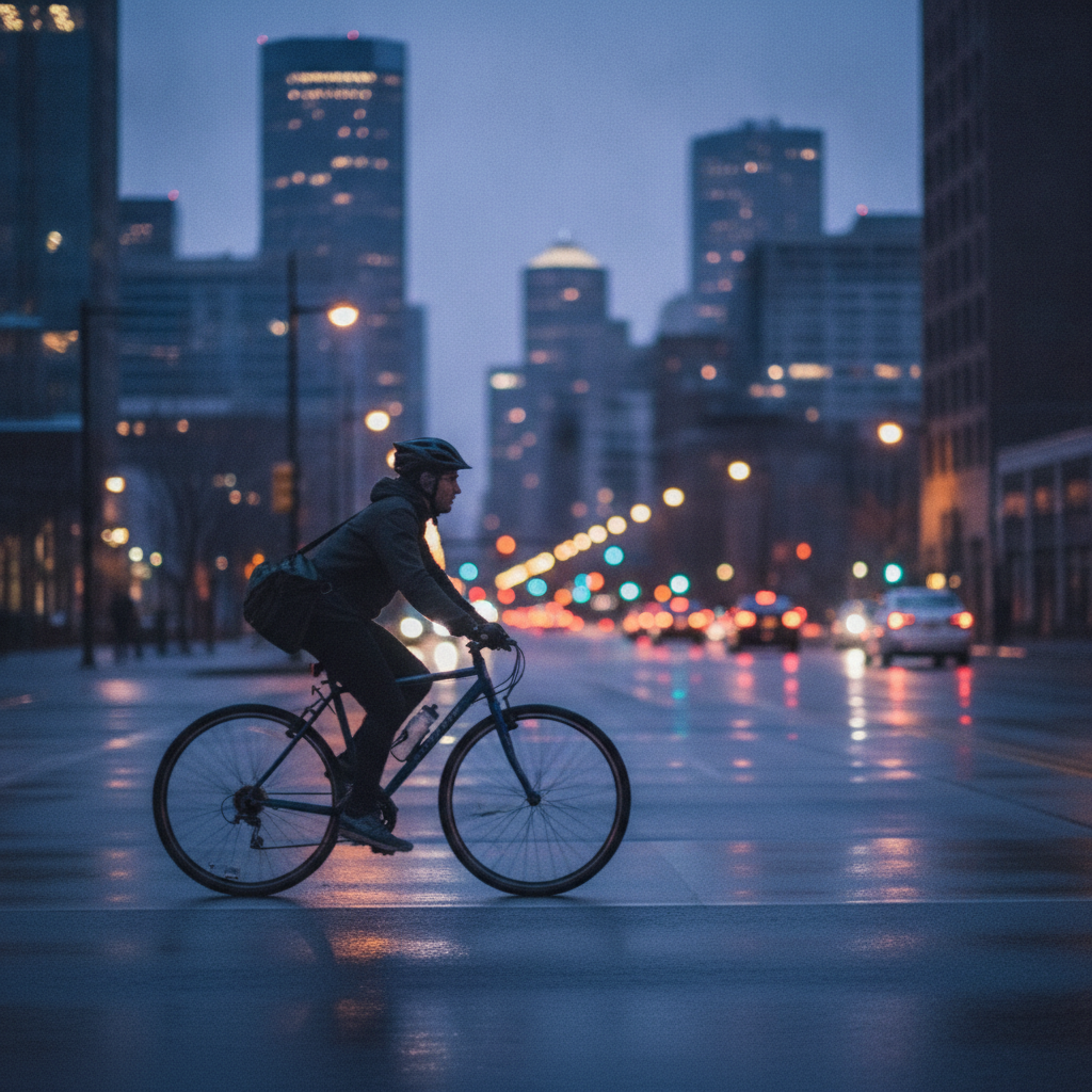 Bike courier moving through Downtown Calgary at dusk, representing fast local beer delivery service coverage