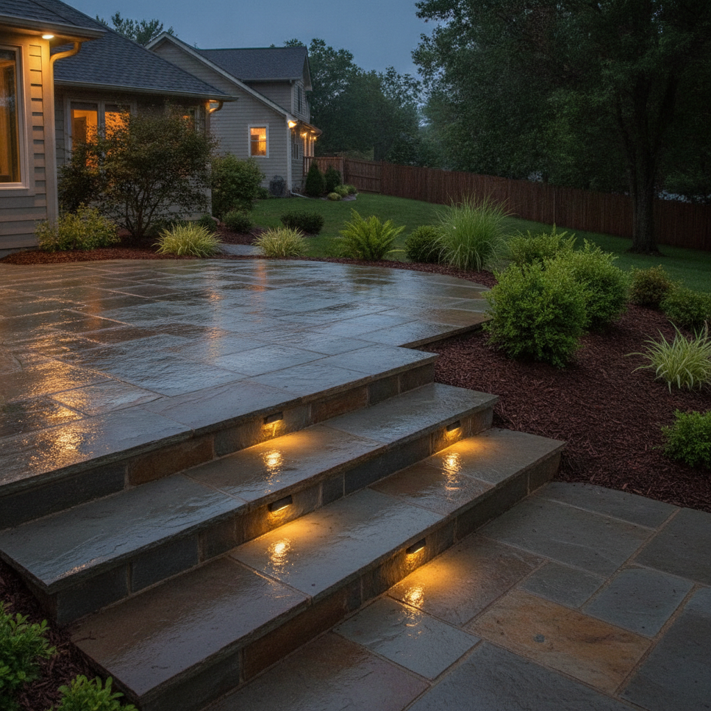 Finished stone patio with natural stone steps and low-voltage lighting after rain—example of well-planned Mississauga stone work