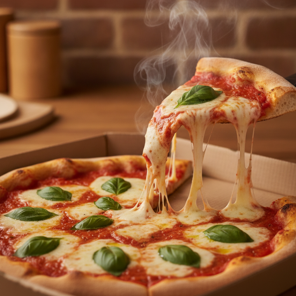 Close-up of a hot Margherita slice lifted from a delivery box—mozzarella stretch and basil detail, showcasing pizza delivered quality in Baranow