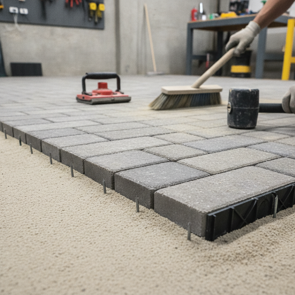 Close-up of interlocking paver installation showing bedding sand, edge restraint, and polymeric sand for Mississauga stone work planning