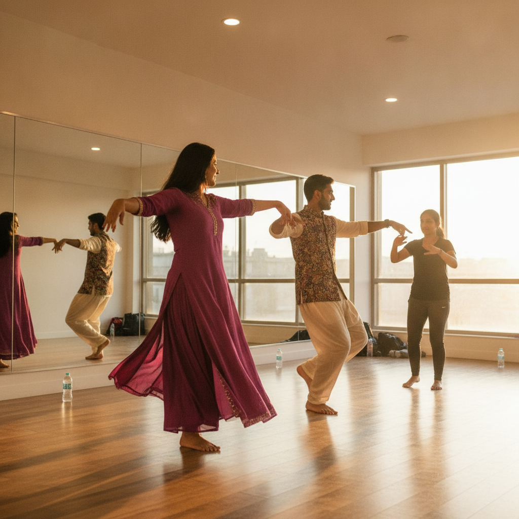 Couple rehearsing a sangeet dance routine with a choreographer in a mirrored studio, showing practical preparation for sangeet planning
