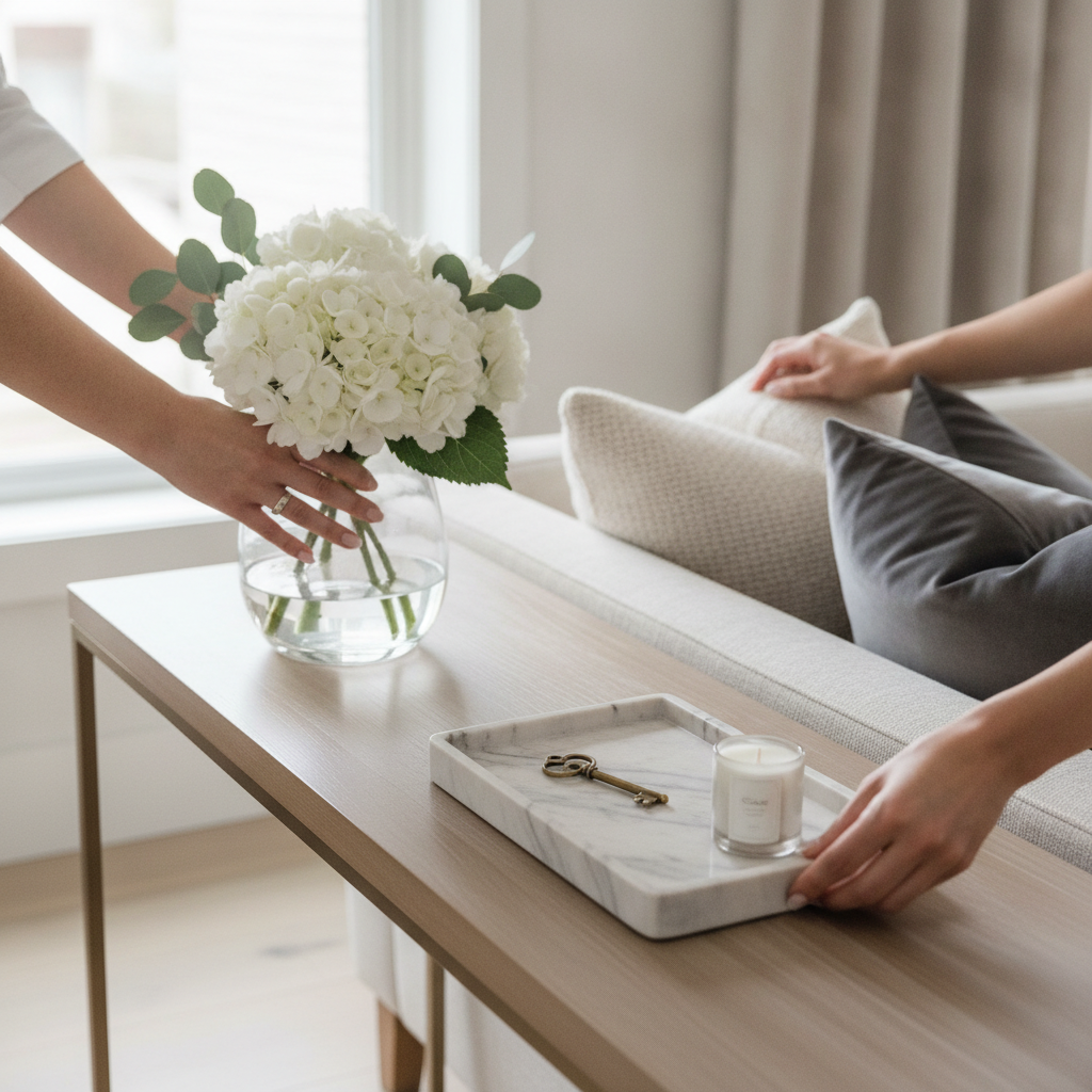 Close-up of concierge real estate home staging details arranged for a Mississauga listing