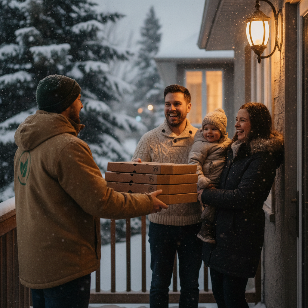 Evening doorstep handoff of pizza delivery boxes to a Baranow family—warm porch lights and light snowfall for a cozy Edmonton scene