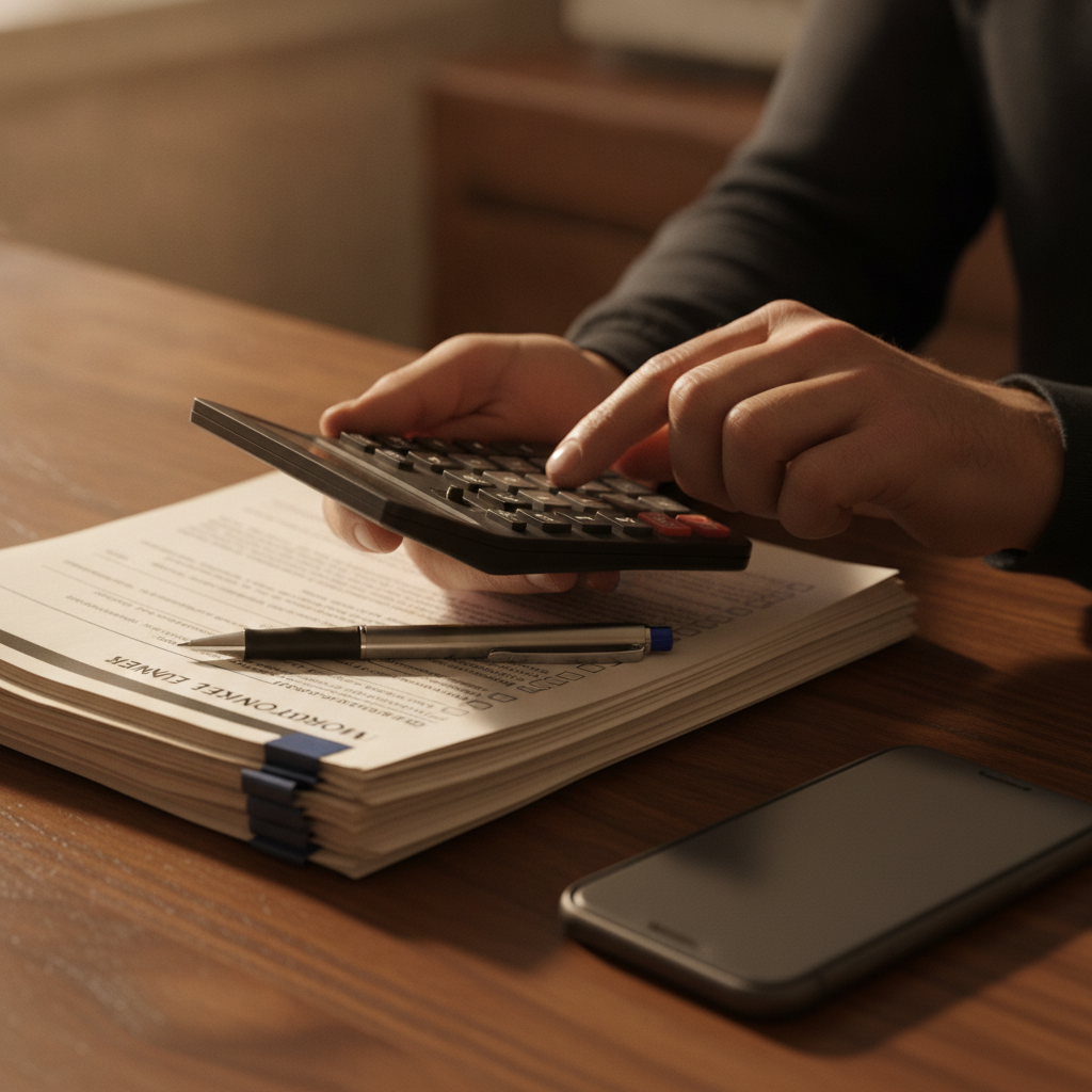 Close-up of calculating mortgage repayments with documents and a calculator when comparing home finance options