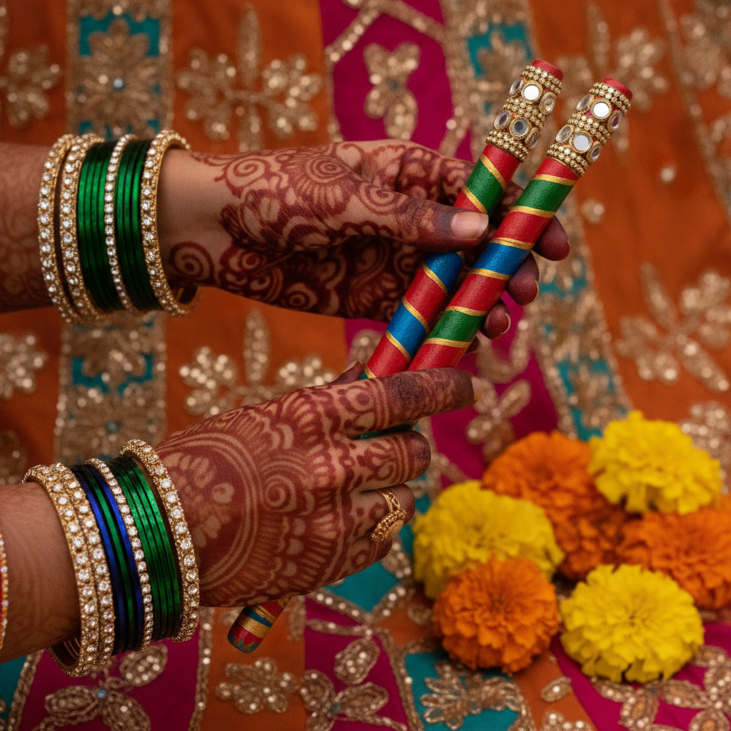 Close-up of mehndi hands holding colorful dandiya sticks for sangeet planning, with lehenga fabric and marigolds providing vibrant detail