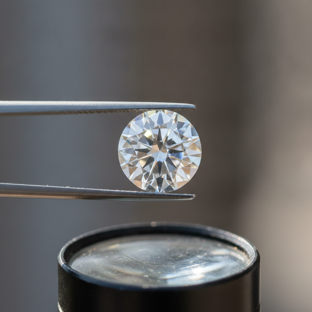 Macro close-up of a round brilliant loose diamond in tweezers showing crisp facets and fire—ideal when buying a diamond stone for sale online