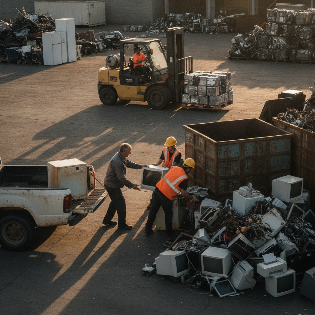 Customer unloading appliances and e-waste at an Etobicoke scrap yard drop-off to improve scrap metal price per pound results