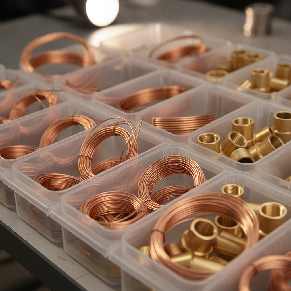 Close-up of stripped copper wire and brass fittings sorted for better scrap metal price per pound results