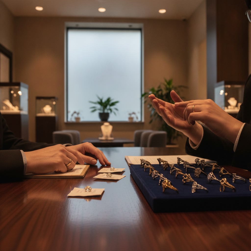 Jewelry consultation table with diamond parcels, ring mountings, and a velvet pad—resources that help compare a diamond stone for sale before choosing the perfect setting