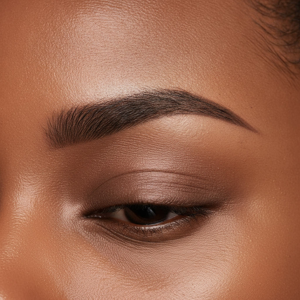 Macro of healed ombre brows on dark skin with soft gradient and pixel shading
