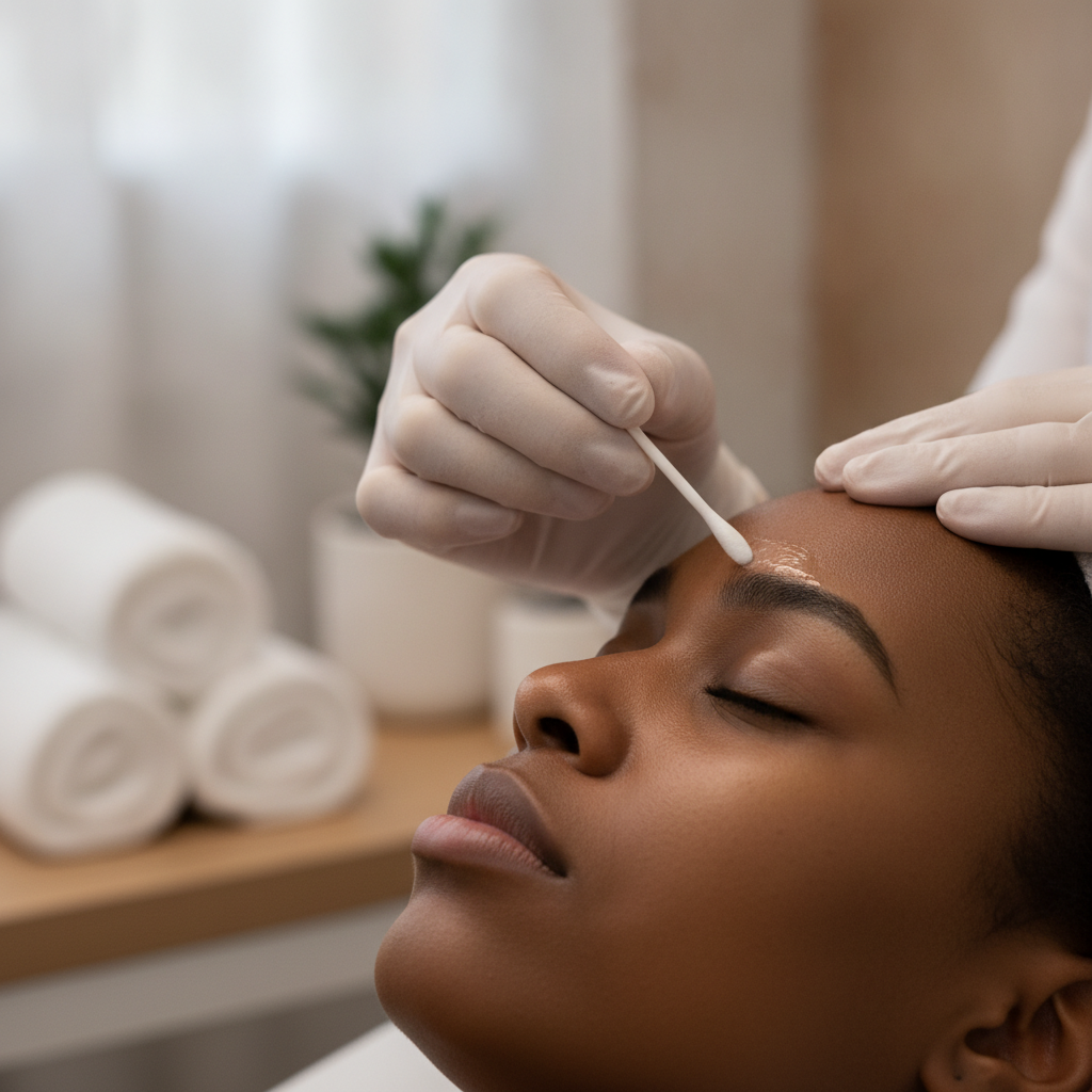 Esthetician applying thin ointment near ombre brows on dark skin during aftercare