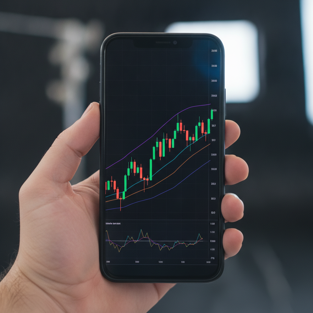 Close-up of mobile stock chart with moving averages and RSI used in an online stock trading course