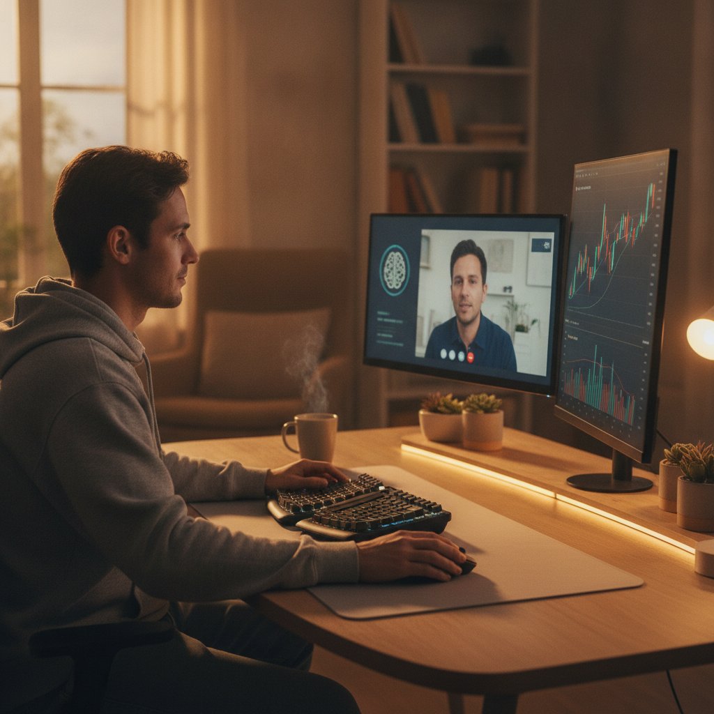 Desktop with live online trading class and charts for an online stock trading course