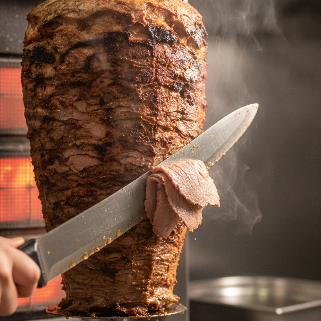 Close-up of authentic Toronto shawarma being sliced from a vertical rotisserie, highlighting Turkish spices and caramelization
