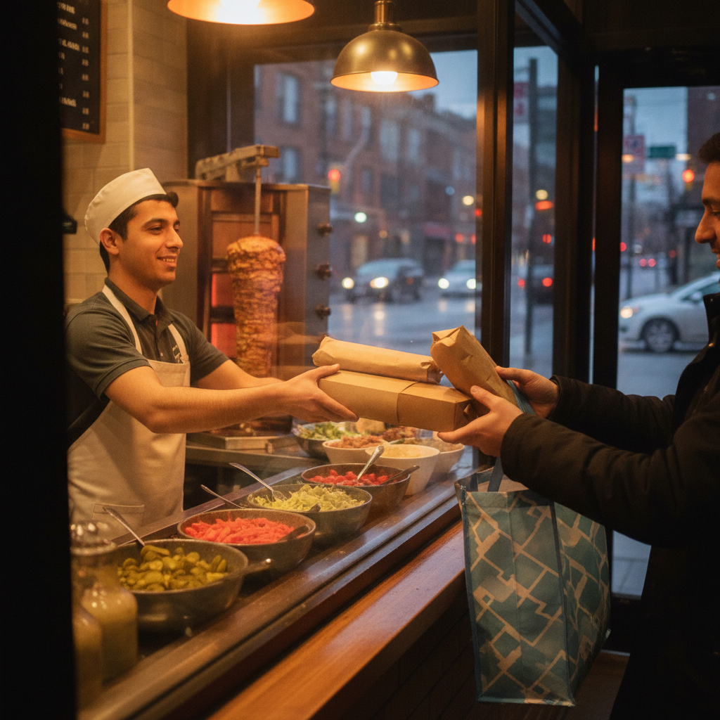 Old Toronto pickup scene at a Turkish shawarma counter with eco-friendly packaged meals being handed off for quick carryout