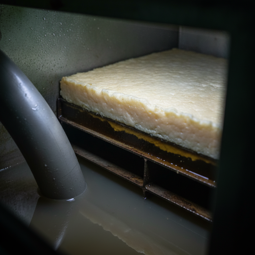Close-up detail of a grease interceptor interior showing FOG layers and baffles for grease trap cleaning efficiency