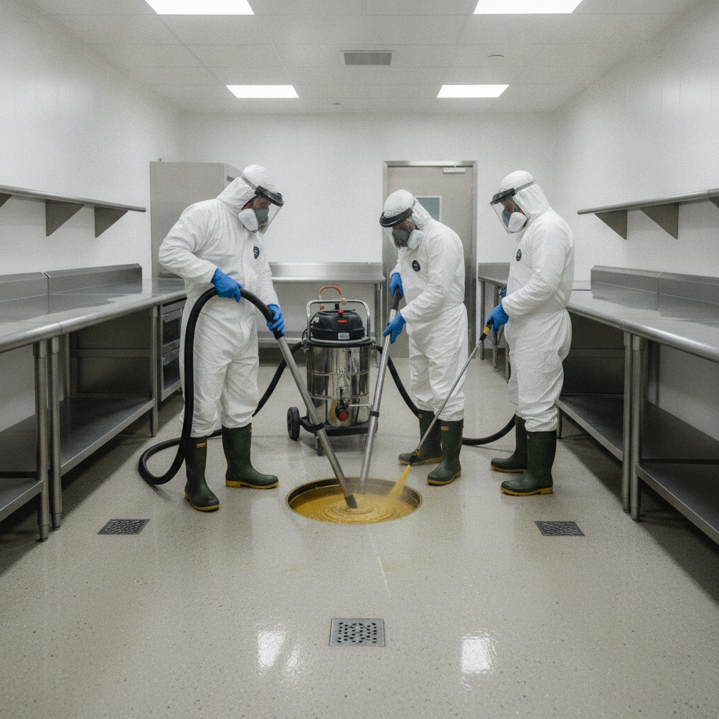 Wide view of commercial kitchen during professional grease trap maintenance, technicians near access hatch for compliance