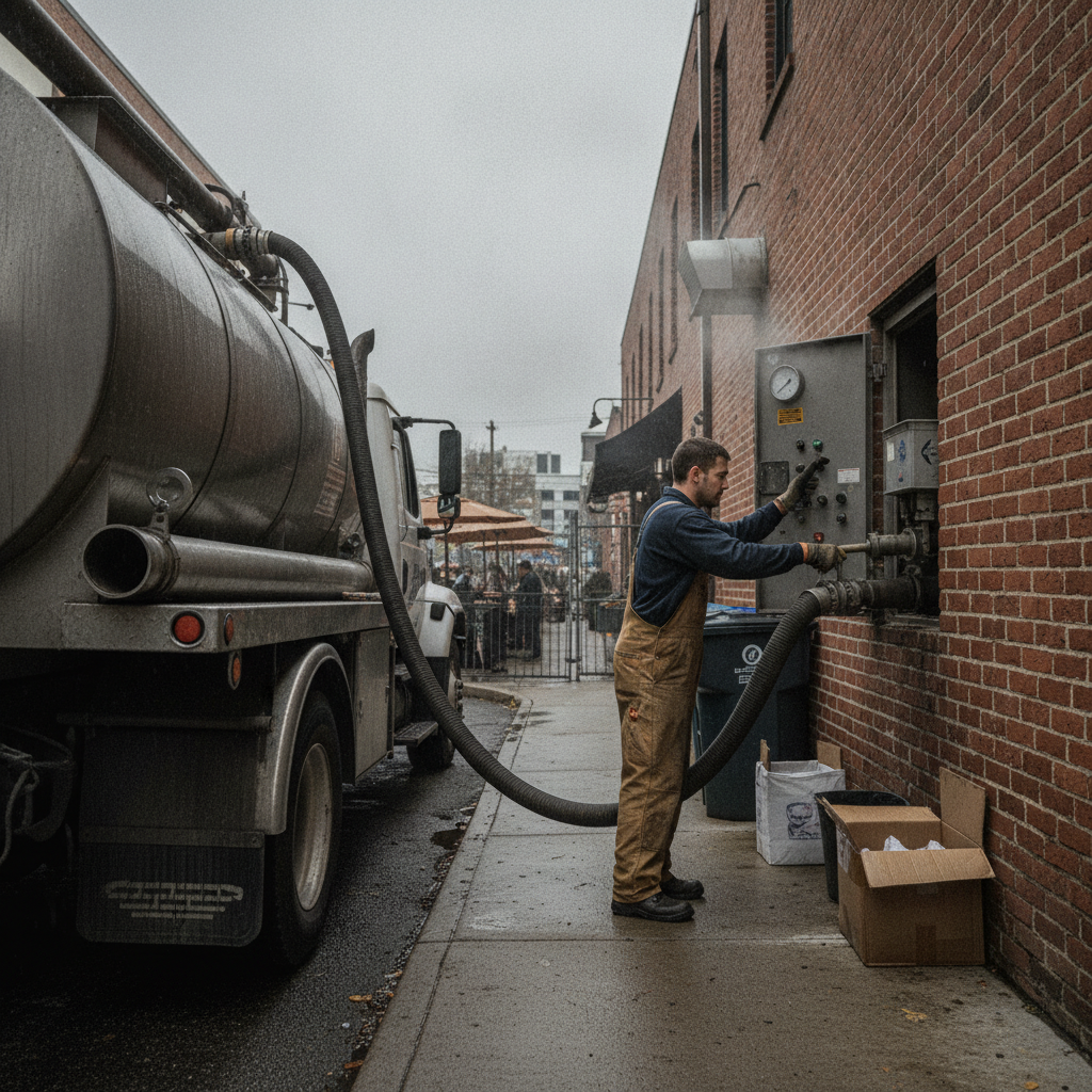 Service technician operating a vacuum pump truck for restaurant grease trap pumping outside a commercial kitchen