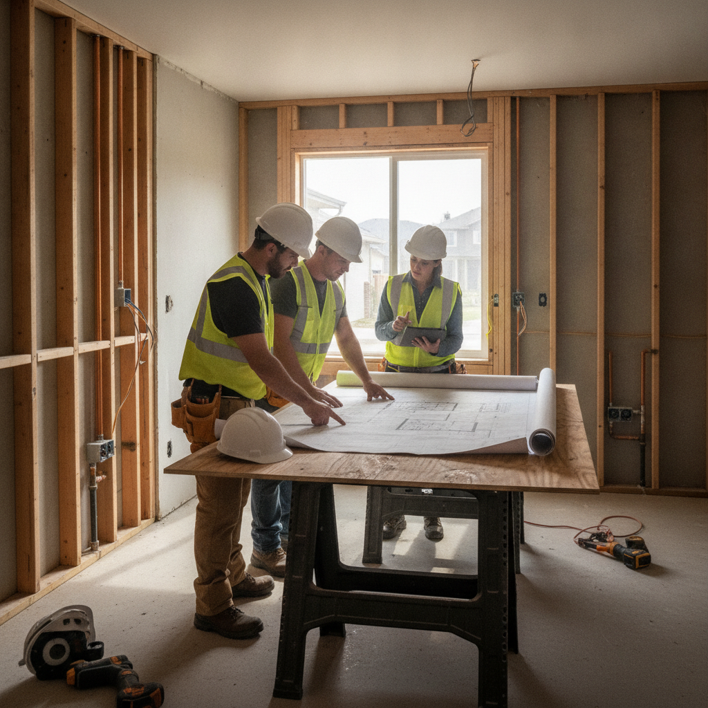 Contractors coordinating a kitchen remodel in The Meadows, Edmonton with new plumbing lines and electrical boxes visible