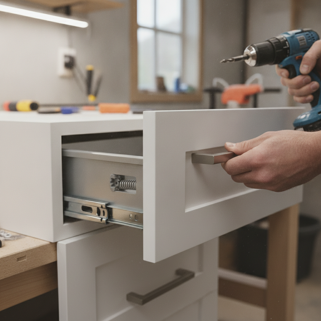 Close-up of hardware during kitchen remodeling services showing soft-close alignment and craftsmanship