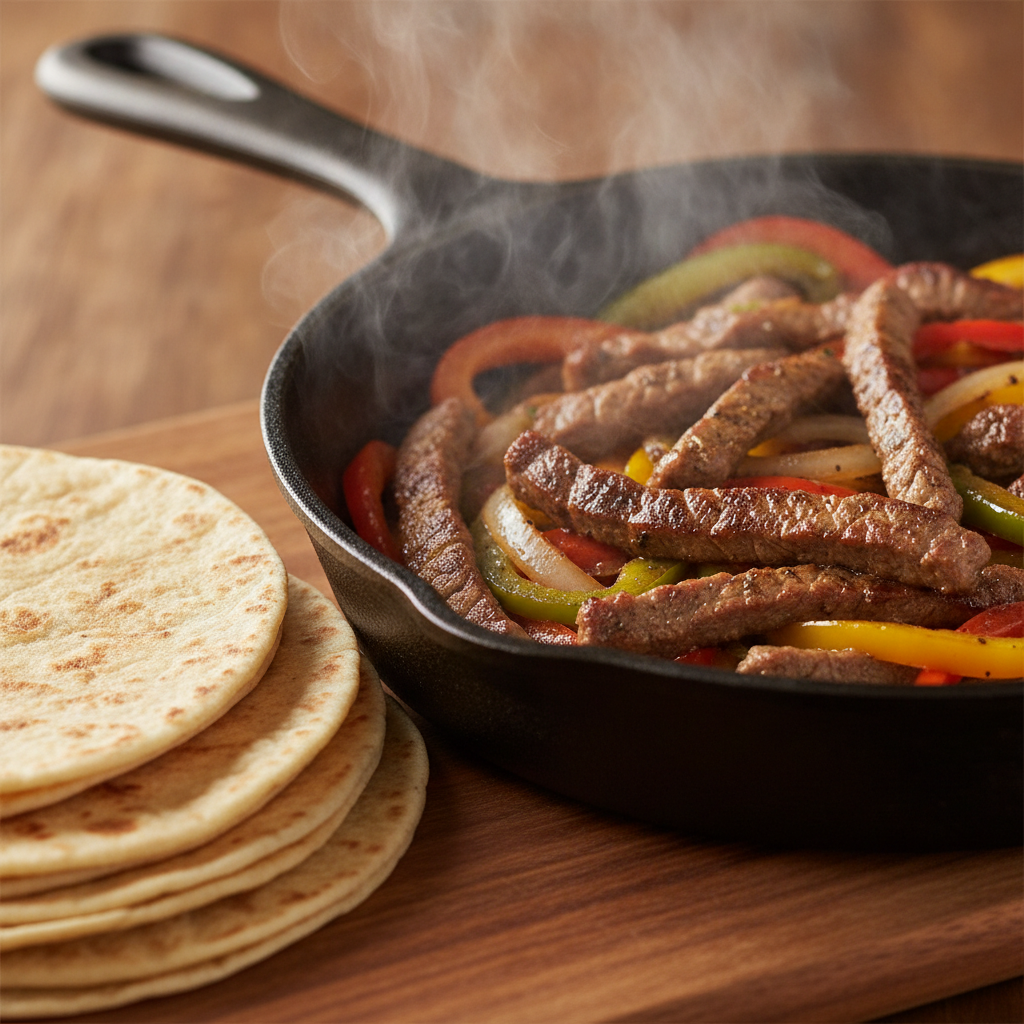 Close-up of sizzling steak fajitas in a cast-iron skillet with peppers and onions, a top pick among the best Mexican dishes for sharing
