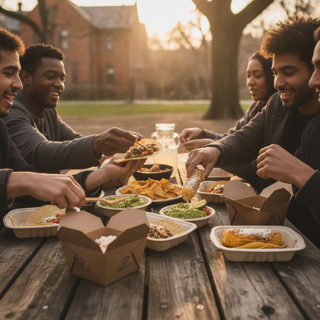 Friends passing shareable Mexican dishes outdoors near Trinity Bellwoods Park in Old Toronto, highlighting family-style tacos and elote