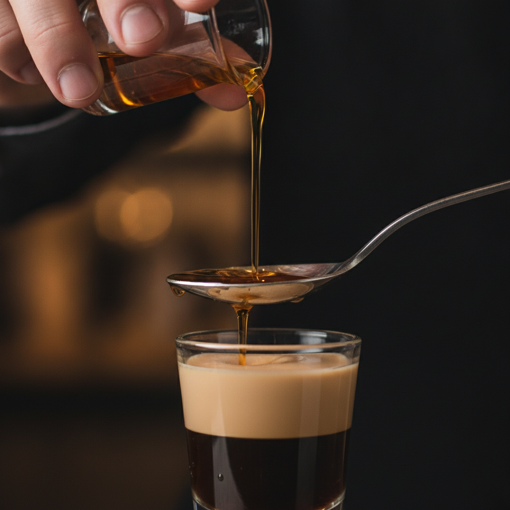 Close-up of a bartender floating the top orange liqueur layer to complete a B-52 drink recipe shot with crisp stripes