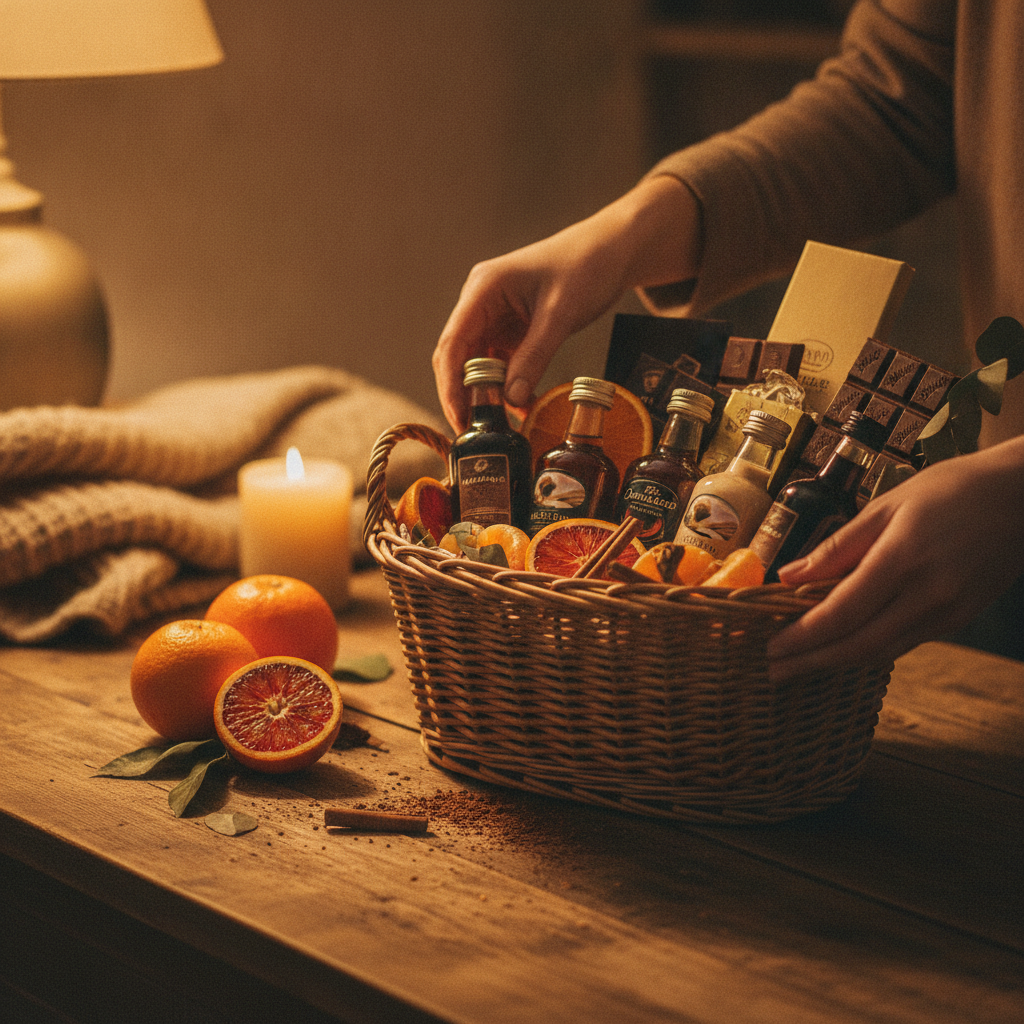 Lifestyle scene of a premium gift basket being assembled with miniature coffee liqueur, Irish cream, and orange liqueur to mirror a B-52 drink recipe kit
