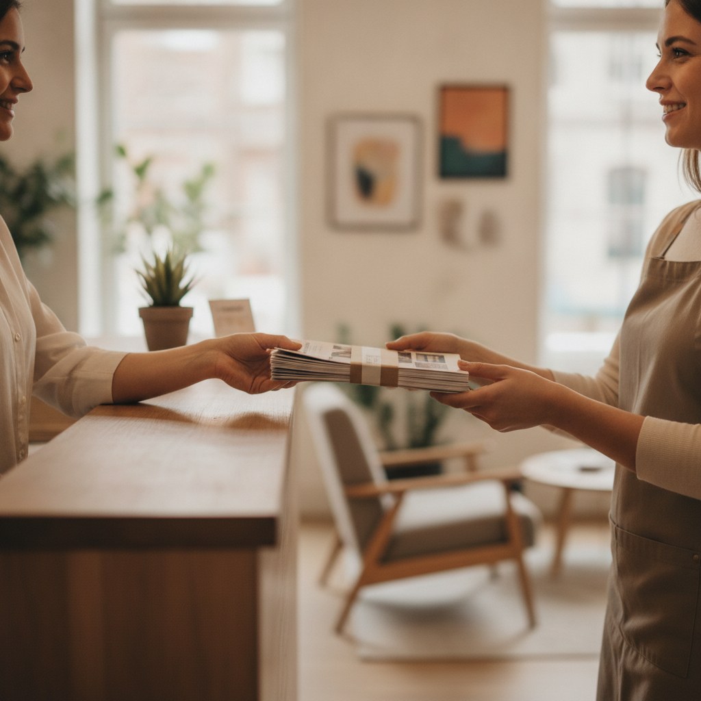 Customer receiving boxed brochures at a local print shop counter for fast same-day pickup