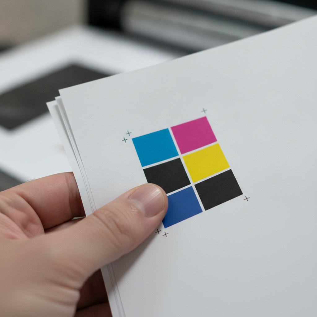 Close-up of brochure paper stocks, CMYK swatches, and bleed marks for fast brochure printing in Mississauga
