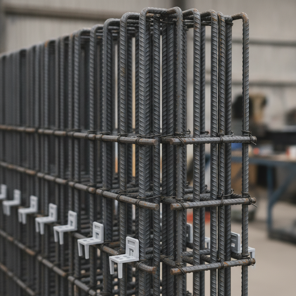 Close-up of retaining wall rebar detail with 15M verticals, 10M horizontals, stirrups, tie wire, and chairs for concrete cover