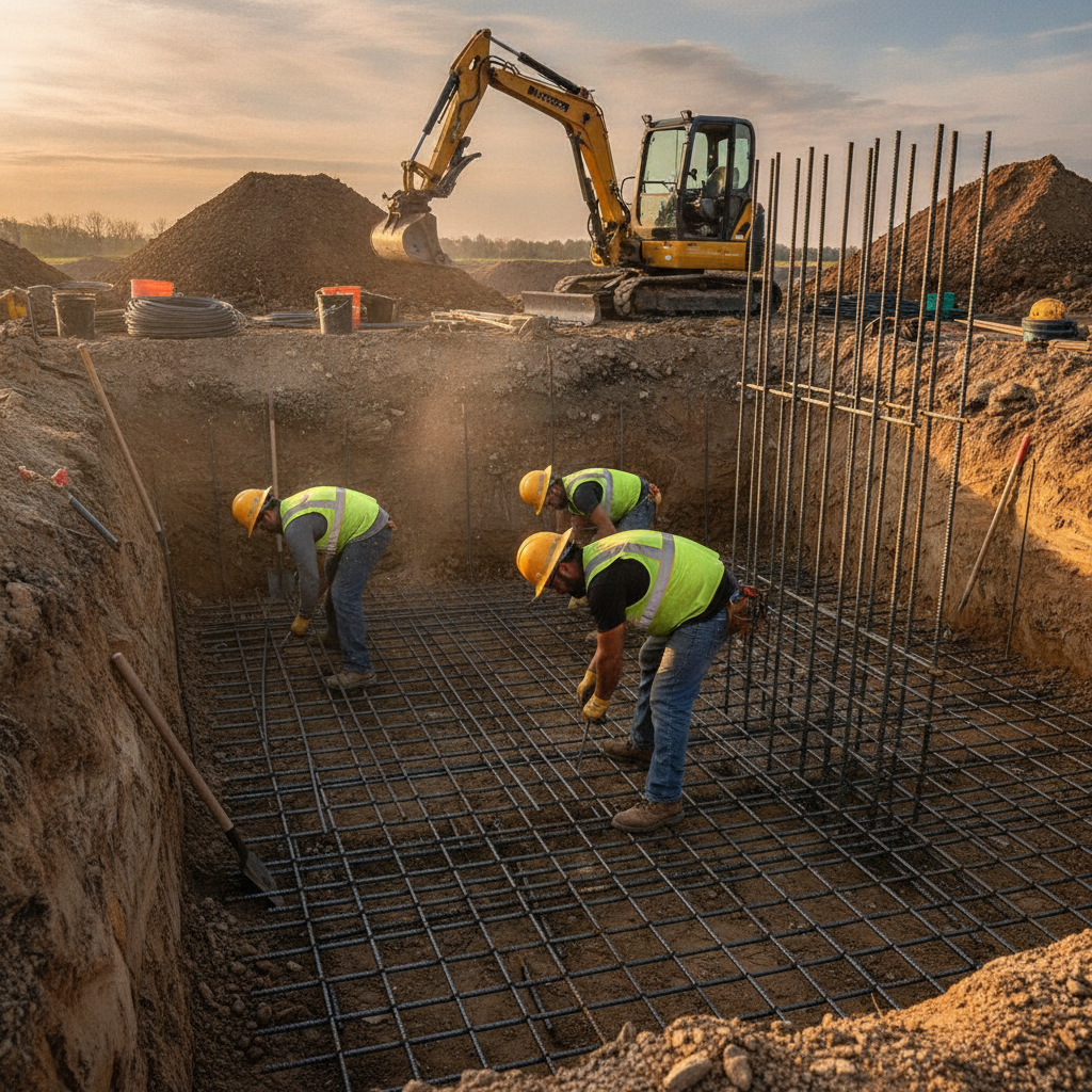 Crew tying rebar in a trench for a cantilever retaining wall footing in Woodbridge with PPE and staged bundles
