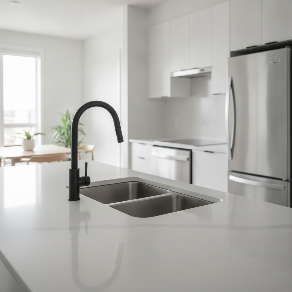 Modern Edmonton condo kitchen with quartz countertops and stainless appliances, illustrating quality finishes for buy apartment Edmonton searches
