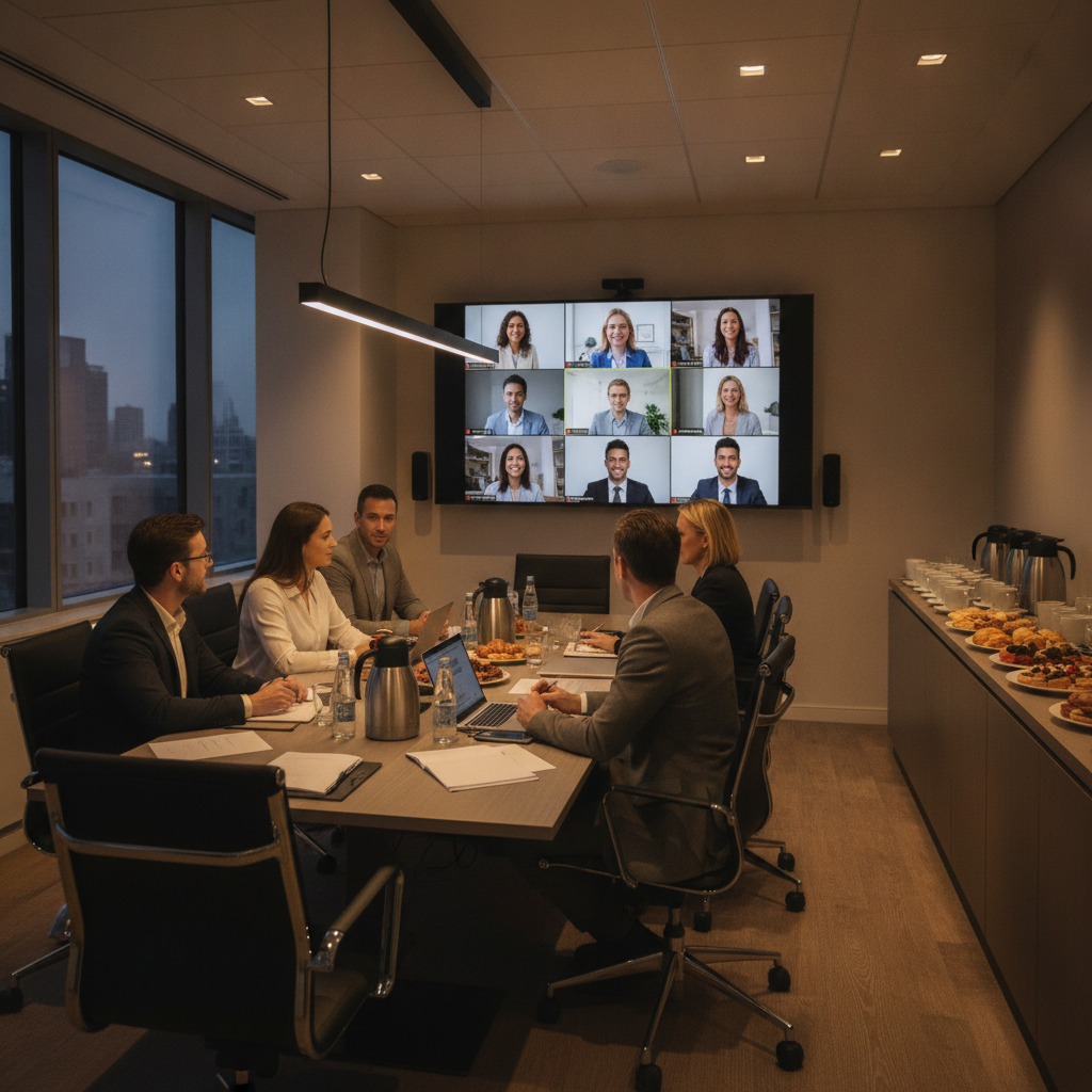 Hybrid boardroom meeting with remote participants and onsite catering in Mississauga
