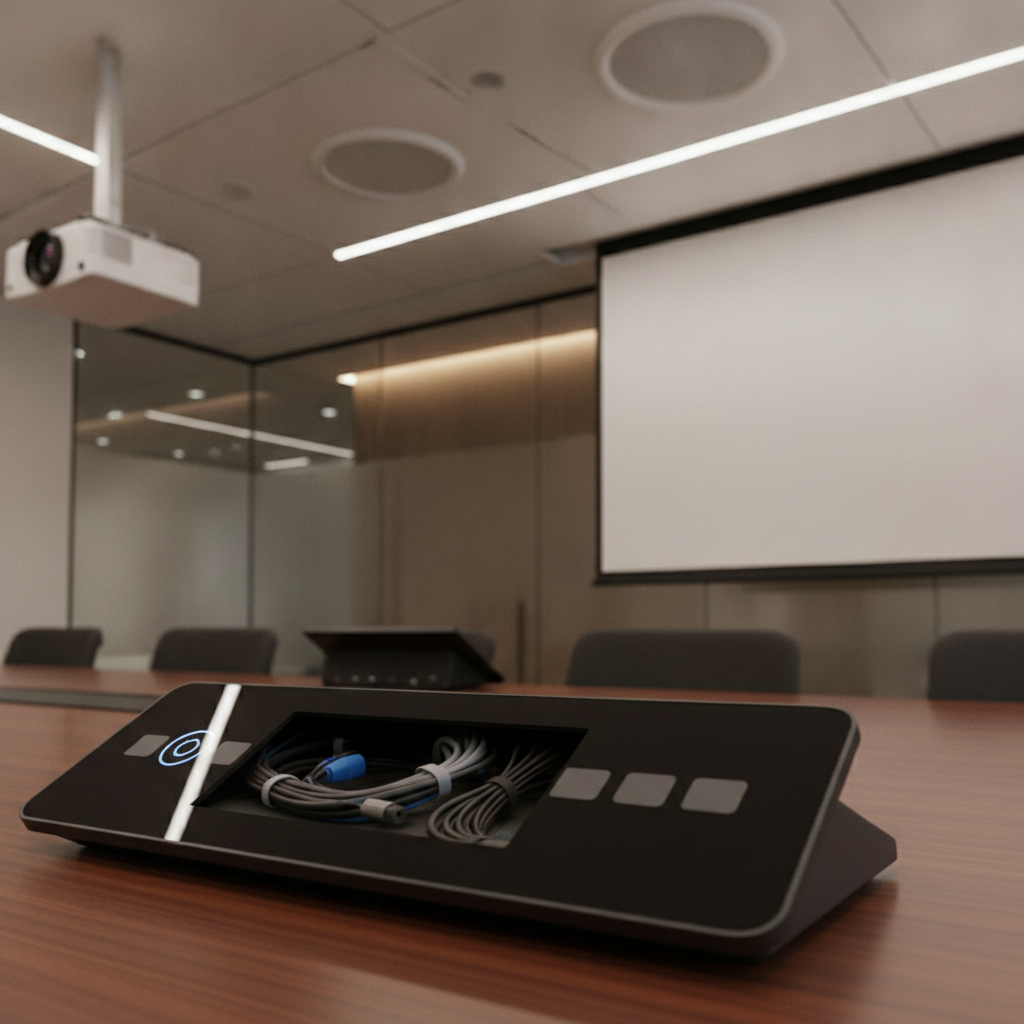 Close-up of modern AV touch panel and projector in a Mississauga boardroom rental