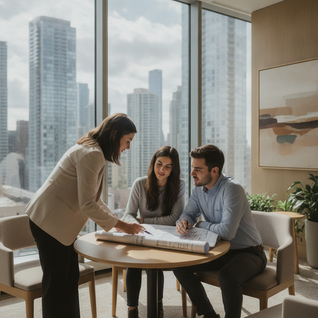 Realtor reviewing Edmonton condo floor plans with buyers by a window overlooking the city, demonstrating the apartment buying process