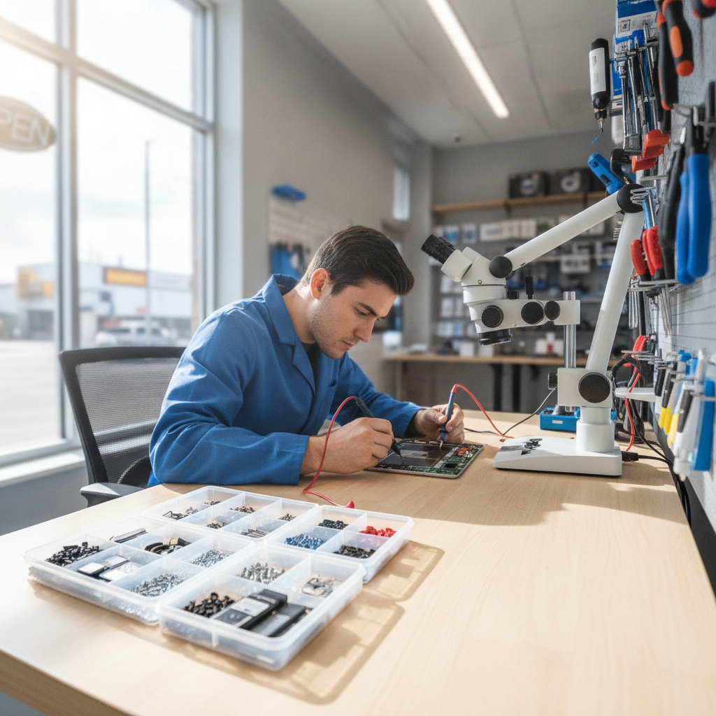 Professional Calgary tablet repair workstation overview with tools, microscope, and a technician diagnosing a tablet—Calgary tablet repair checklist context