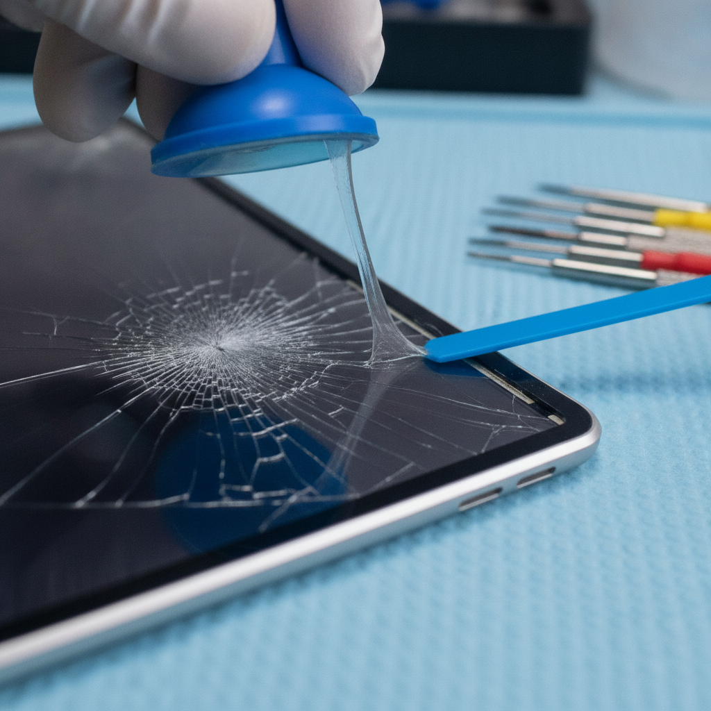 Close-up of a cracked tablet screen being carefully lifted with a suction tool during a Calgary tablet screen repair