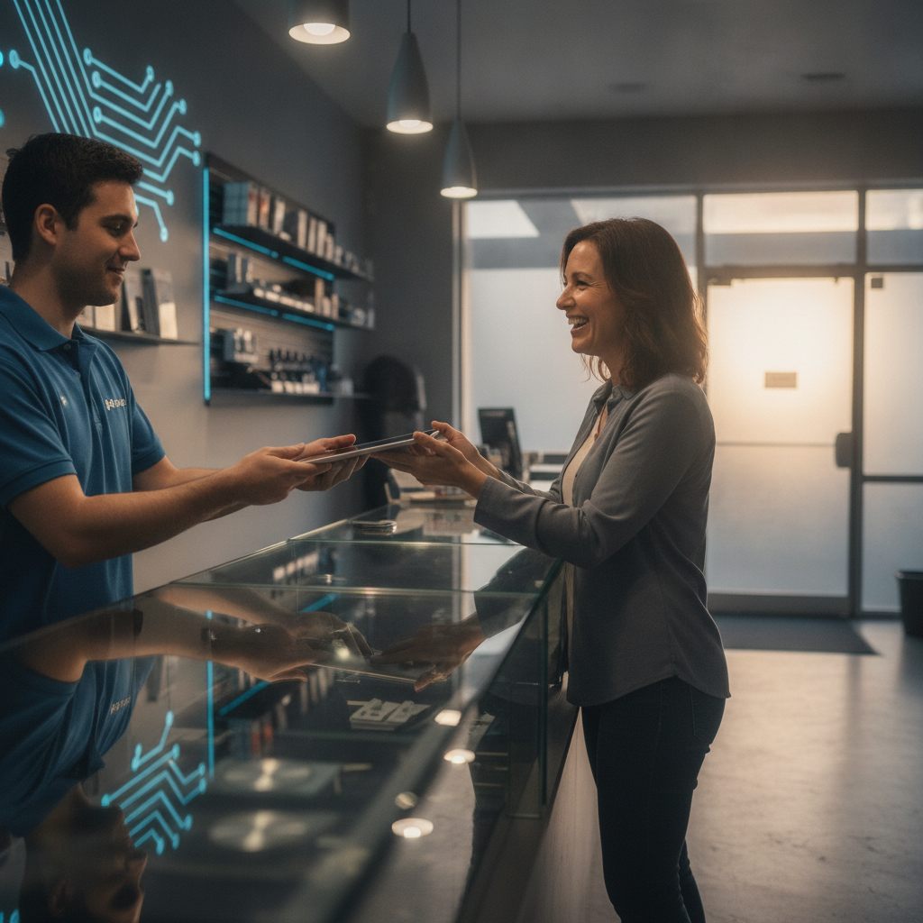 Customer receiving a repaired tablet at a Calgary neighborhood shop counter—service handoff after using a Calgary tablet repair checklist