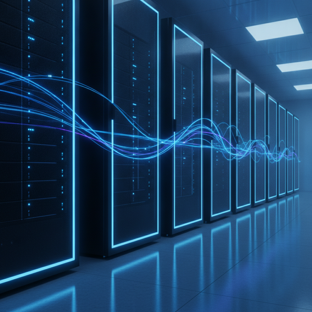 Modern server room with flowing light trails symbolizing data movement for crawlability and indexing in LLM SEO