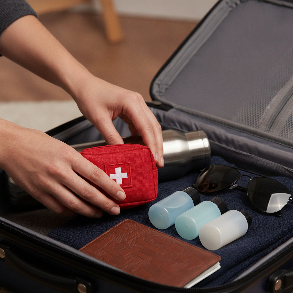 Close-up of carry-on packing essentials for travel insurance quote preparation