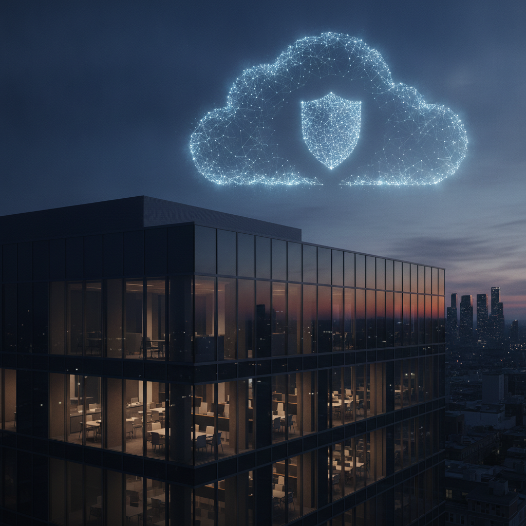 Secure cloud architecture concept over a city skyline representing resilient cloud data security for UAE businesses
